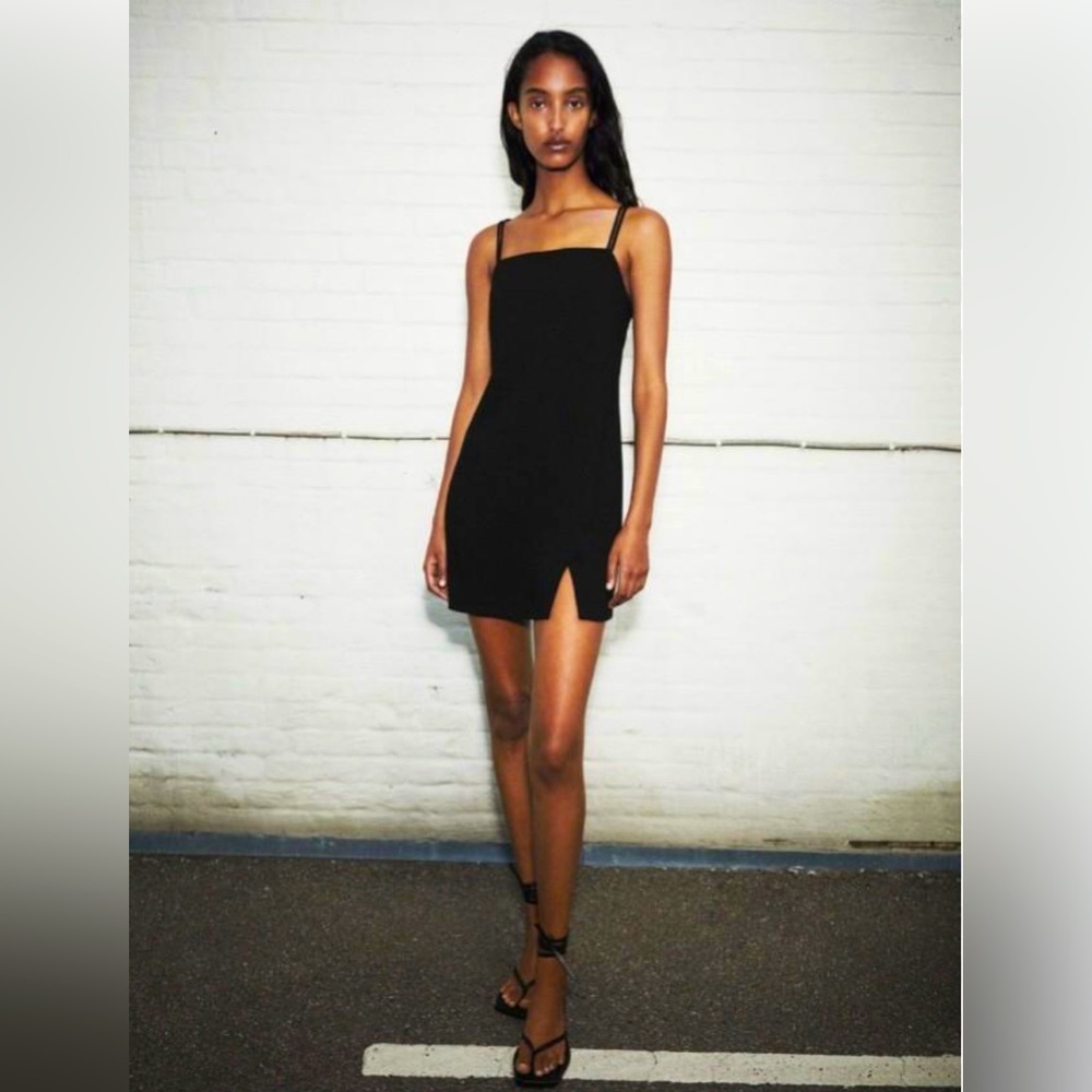 ZARA Black Mini Dress With Vent Size L Square Neck Y2K 90’s